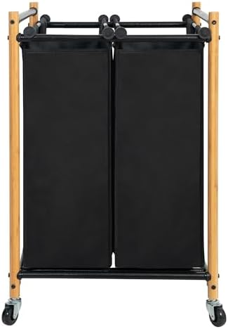 Bamboo Laundry Sorter Hamper with 2 Sections and Wheels 1