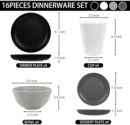 LIYH 16pc Wheat Straw Dinnerware Set Reusable Plates Bowls Cups