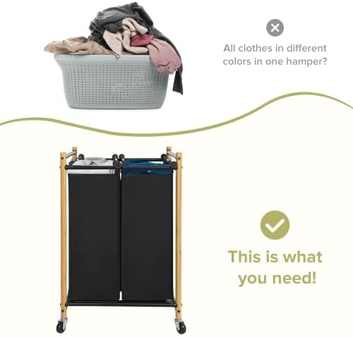 Bamboo Laundry Sorter Hamper with 2 Sections and Wheels 1