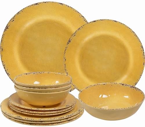 ZAROCRUS 12-Piece Rustic Melamine Dinnerware Set - Yellow