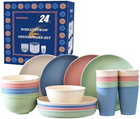 24pcs Wheat Straw Dinnerware Set for Outdoor and Kitchen Use