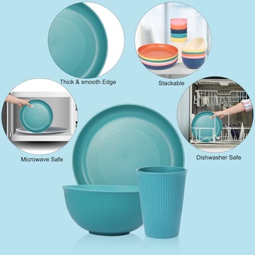 18pcs Wheat Straw Dinnerware Set with Macron Colors