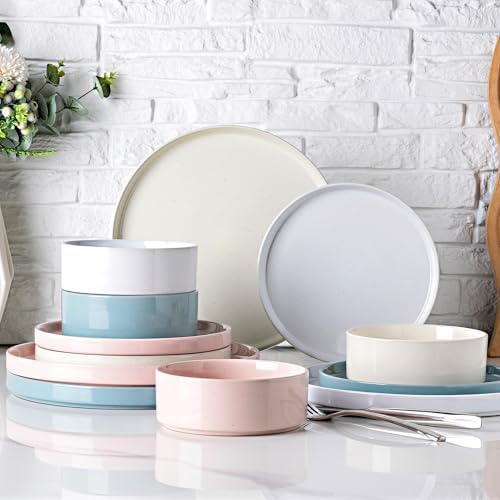 GBHOME Dinnerware Set for 4 12 Piece Speckled Plates and Bowls Set