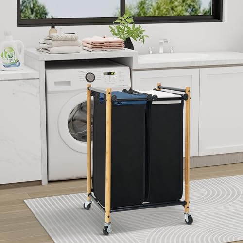 Bamboo Laundry Sorter Hamper with 2 Sections and Wheels 1