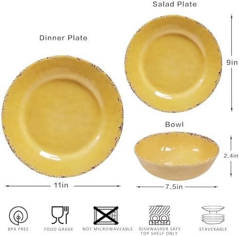 ZAROCRUS 12-Piece Rustic Melamine Dinnerware Set - Yellow