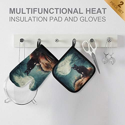 QUGRL Halloween Black Cat Heat Resistant Oven Mitts Set