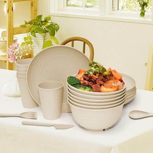 42 Pcs Wheat Straw Dinnerware Set - Unbreakable Reusable Beige