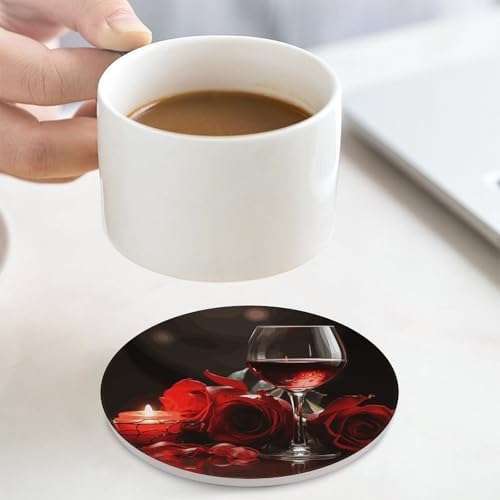 Red Rose Wine Glass and Candle Printed Ceramic Coasters Set of 4