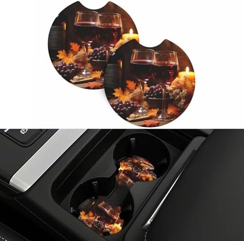 Red Wine and Candles Print Car Coasters 2 Pack Anti-Slip