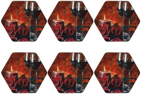 Red Wine Rose and Candle Hexagon Coasters 6PCS