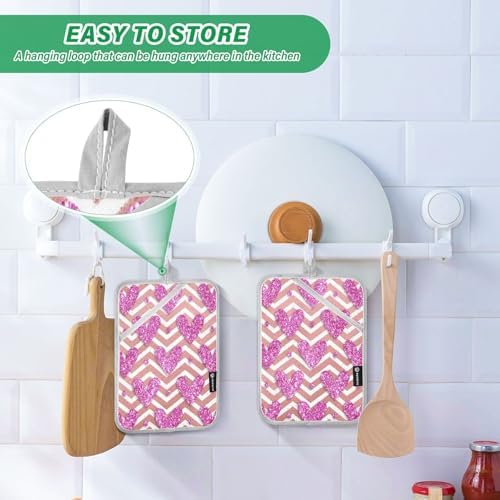Kcldeci Striped Pink Glitter Heart Oven Mitts 2 Pack