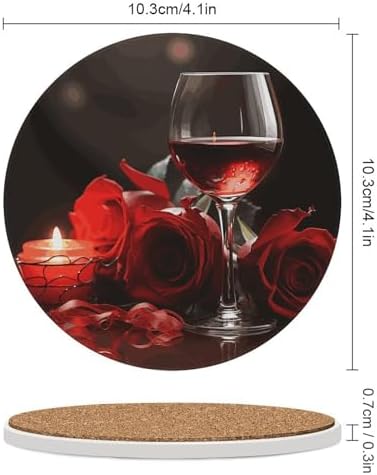 Red Rose Wine Glass and Candle Printed Ceramic Coasters Set of 4