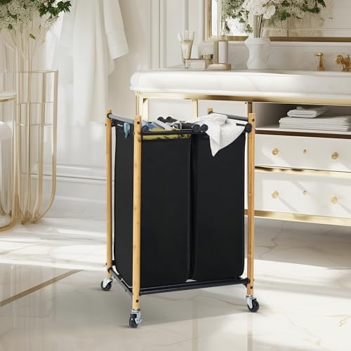 Bamboo Laundry Sorter Hamper with 2 Sections and Wheels 1