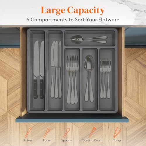 Lifewit 6 Compartment Silverware Organizer with Lid 2 Pack Gray