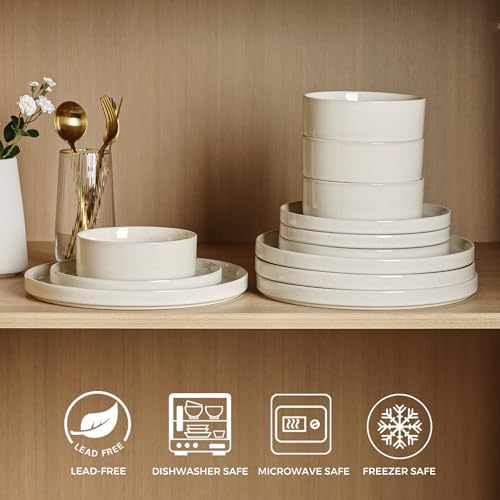 GBHOME Dinnerware Set for 4 12 Piece Speckled Plates and Bowls Set