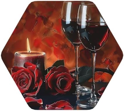 Red Wine Rose and Candle Hexagon Coasters 6PCS