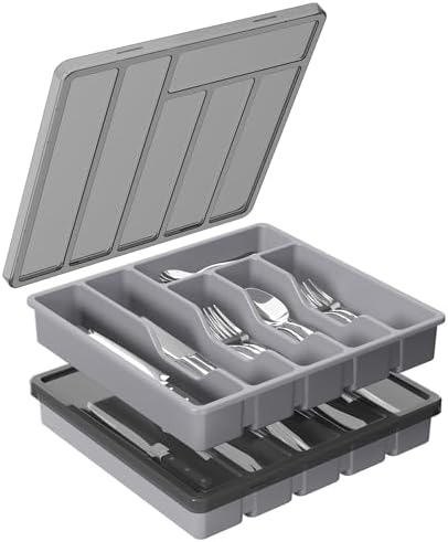 Lifewit 6 Compartment Silverware Organizer with Lid 2 Pack Gray
