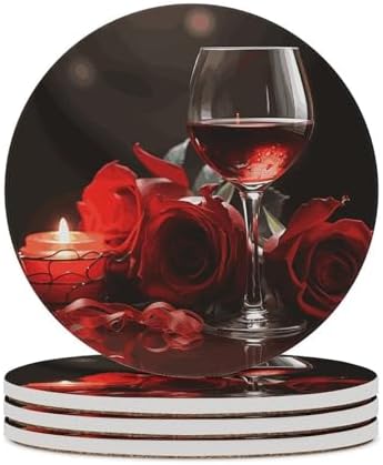 Red Rose Wine Glass and Candle Printed Ceramic Coasters Set of 4