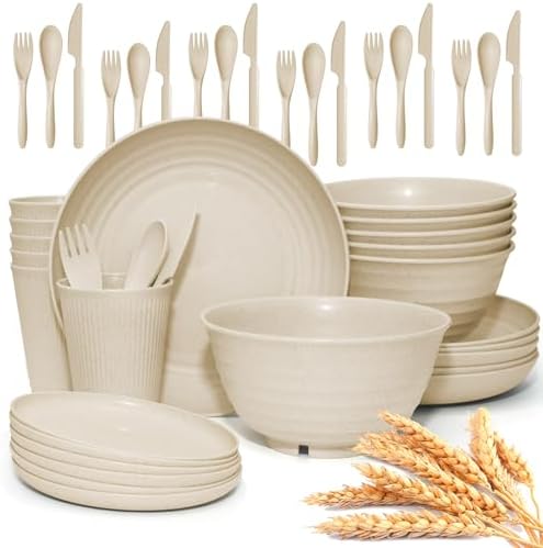 42 Pcs Wheat Straw Dinnerware Set - Unbreakable Reusable Beige