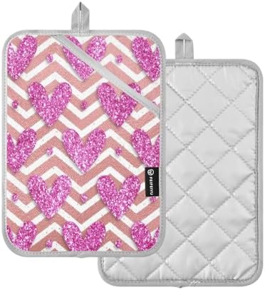 Kcldeci Striped Pink Glitter Heart Oven Mitts 2 Pack