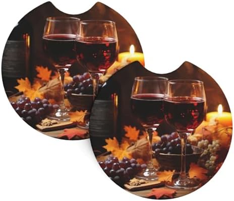 Red Wine and Candles Print Car Coasters 2 Pack Anti-Slip