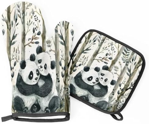 Cute Pandas Tree Oven Mitt Set 2 Piece