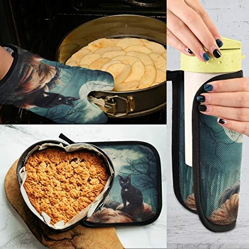 QUGRL Halloween Black Cat Heat Resistant Oven Mitts Set