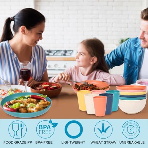 18pcs Wheat Straw Dinnerware Set with Macron Colors
