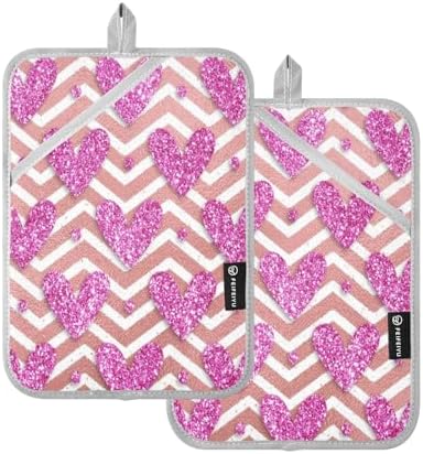 Kcldeci Striped Pink Glitter Heart Oven Mitts 2 Pack