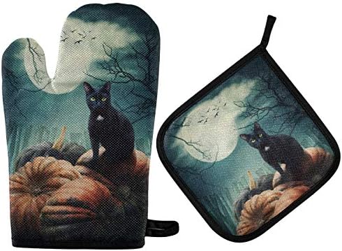 QUGRL Halloween Black Cat Heat Resistant Oven Mitts Set