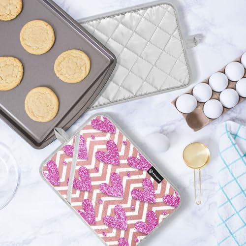 Kcldeci Striped Pink Glitter Heart Oven Mitts 2 Pack