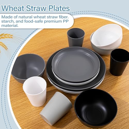 LIYH 16pc Wheat Straw Dinnerware Set Reusable Plates Bowls Cups