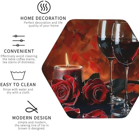 Red Wine Rose and Candle Hexagon Coasters 6PCS