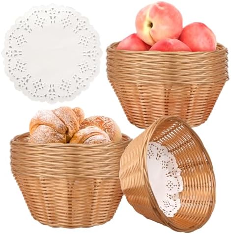 Yimerlen 12 Pcs Round Plastic Bread Basket Wicker for Serving