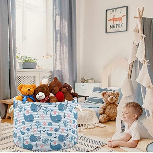 visesunny Whale Blue Stripe Collapsible Laundry Basket with Cotton Handles