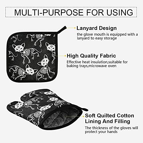 Eionryn Skeletons Cats Halloween Oven Mitts Potholders 2-Piece Set