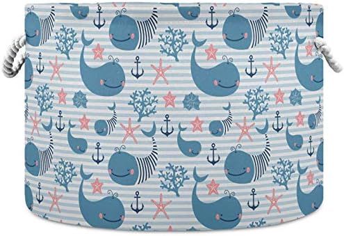 visesunny Whale Blue Stripe Collapsible Laundry Basket with Cotton Handles