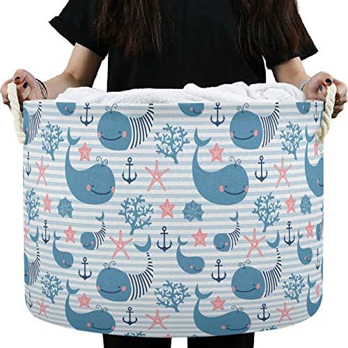 visesunny Whale Blue Stripe Collapsible Laundry Basket with Cotton Handles