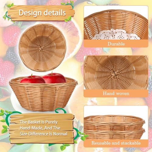 Yimerlen 12 Pcs Round Plastic Bread Basket Wicker for Serving