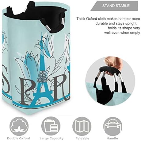 visesunny Paris Letters Blue Laundry Hamper with Handle