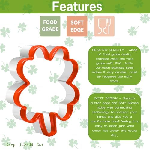 Crethinkaty 3 Pcs Clover Cookie Cutter Set Stainless Steel with Soft PVC Coating