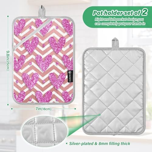 Kcldeci Striped Pink Glitter Heart Oven Mitts 2 Pack