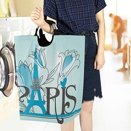 visesunny Paris Letters Blue Laundry Hamper with Handle