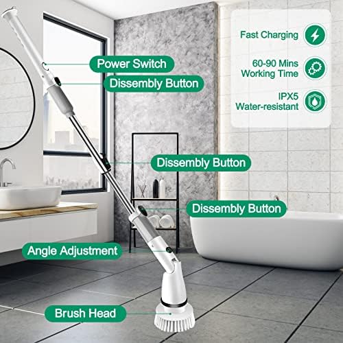 Electric Spin Scrubber with 6 Brush Heads and Adjustable Handle