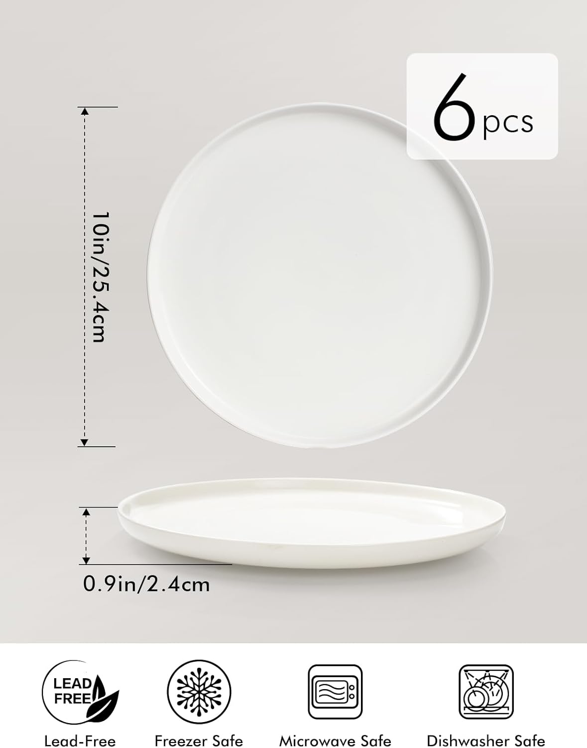 AISBUGUR 6-Piece 10-Inch Dinner Plates Set White