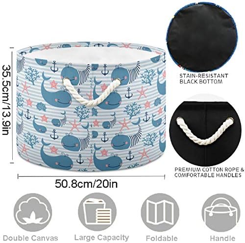 visesunny Whale Blue Stripe Collapsible Laundry Basket with Cotton Handles