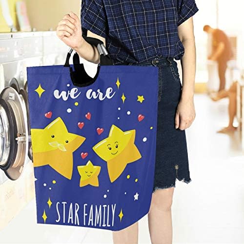 Visesunny Star Family Heart Blue Laundry Hamper with Waterproof Oxford Fabric