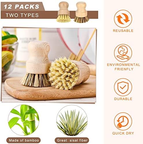 12 Pcs Bamboo Dish Brush Set Sisal Bristle Kitchen Cleaning Tool
