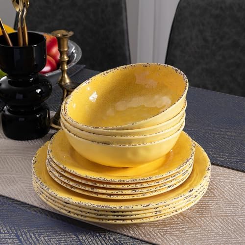 ZAROCRUS 12-Piece Rustic Melamine Dinnerware Set - Yellow