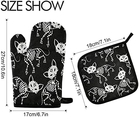 Eionryn Skeletons Cats Halloween Oven Mitts Potholders 2-Piece Set